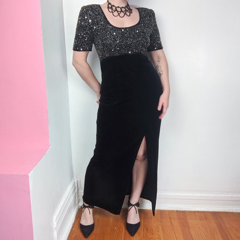 Vintage 90s Beaded Black Velvet Formal Maxi Dress